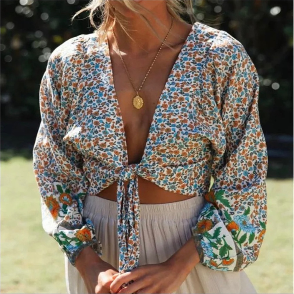 Boho Floral Print Gypsy Crop Top Tied Long Sleeve - Picture 11 of 16